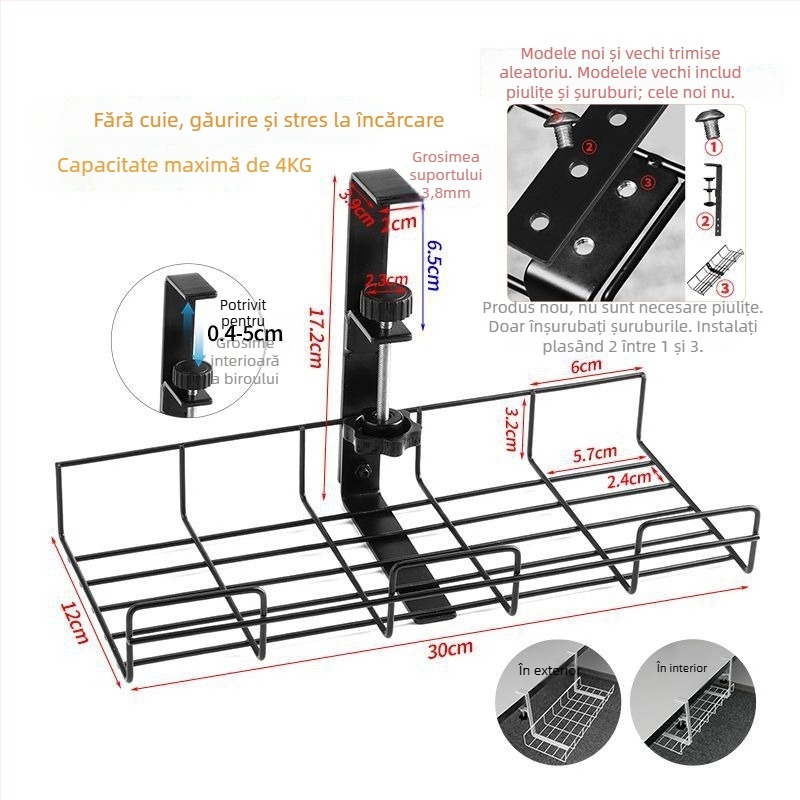 Cutie de gestionare a cablurilor pentru birou și sub birou, organizator fără găuri, din fier