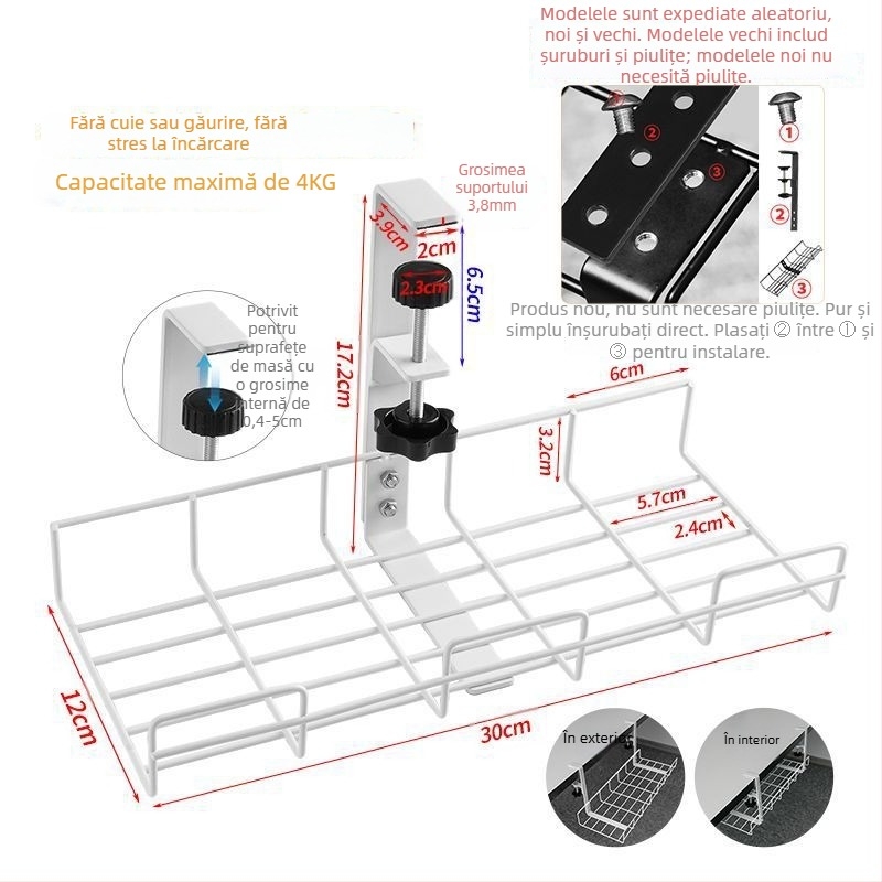 Cutie de gestionare a cablurilor pentru birou și sub birou, organizator fără găuri, din fier