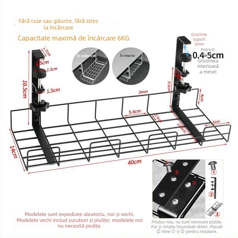 Cutie de gestionare a cablurilor pentru birou și sub birou, organizator fără găuri, din fier