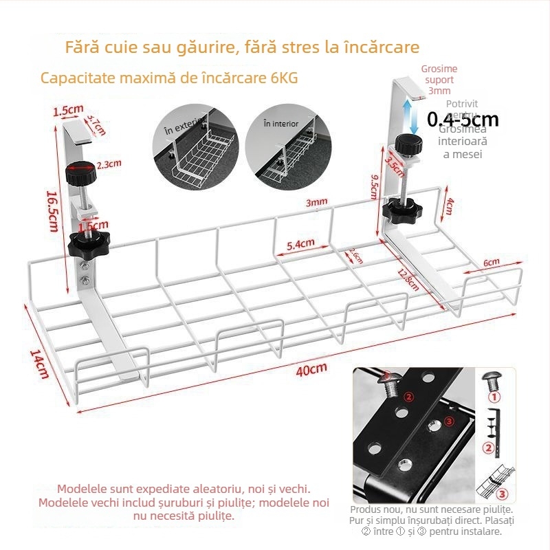 Cutie de gestionare a cablurilor pentru birou și sub birou, organizator fără găuri, din fier