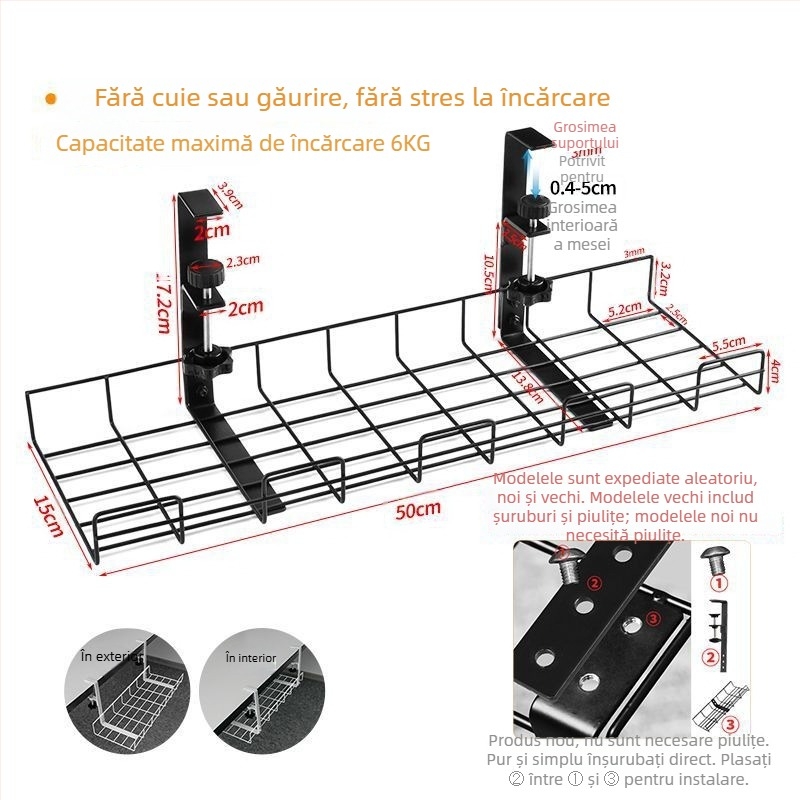 Cutie de gestionare a cablurilor pentru birou și sub birou, organizator fără găuri, din fier