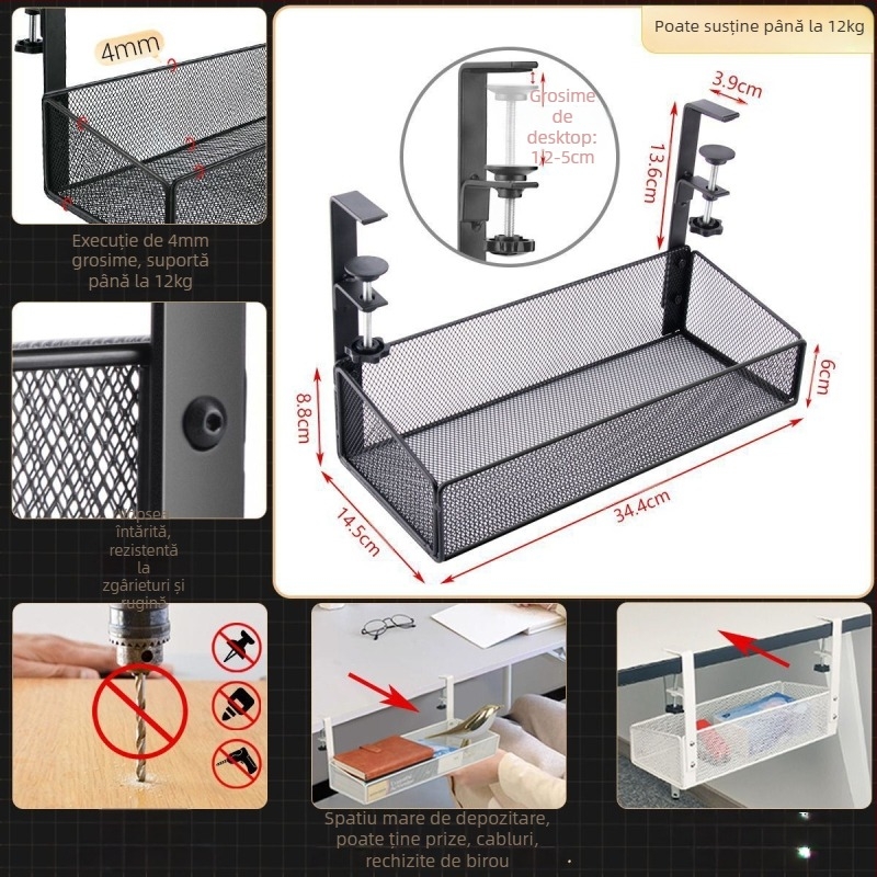 Cutie de gestionare a cablurilor pentru birou și sub birou, organizator fără găuri, din fier