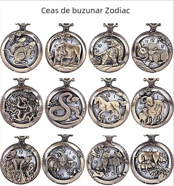 Ceas de buzunar cu flip retro, cadran cu douăsprezece semne zodiacale, mecanism cuarț SL68, carcasă din aliaj, cristal din sticlă organică