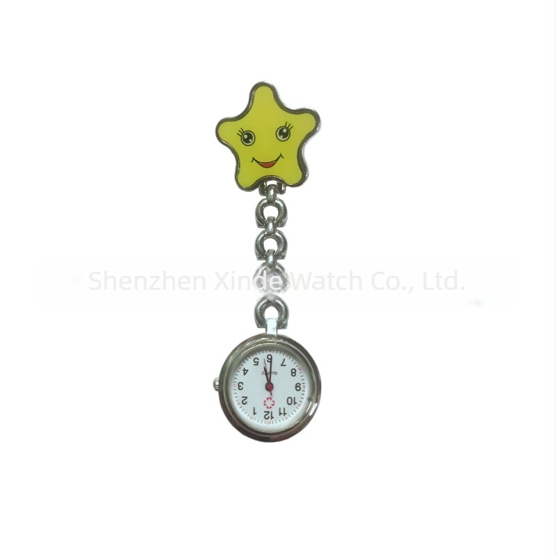 Ceas quartz pentru asistent medical cu față zâmbitoare și stea cu cinci colțuri, mișcare Huachen, cadran 25 mm, carcasă din aliaj de zinc, grosime 10 mm