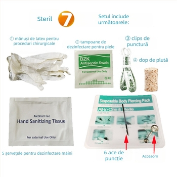 Set steril de instrumente pentru piercing, din metal, cu pietre prețioase, design geometric; unisex, ambalare individuală, personalizare disponibilă