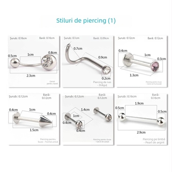 Set steril de instrumente pentru piercing, din metal, cu pietre prețioase, design geometric; unisex, ambalare individuală, personalizare disponibilă