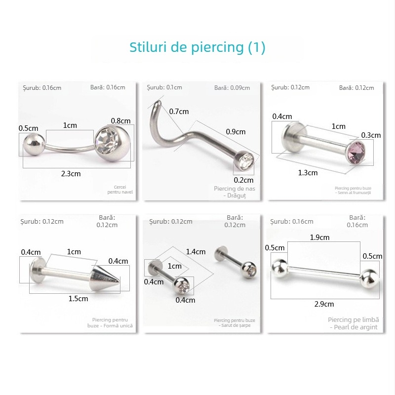 Set steril de instrumente pentru piercing, din metal, cu pietre prețioase, design geometric; unisex, ambalare individuală, personalizare disponibilă