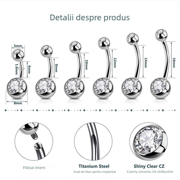 Piercing ombilical cu formă geometrică, aliaj de titan G23, zirconiu încrustat