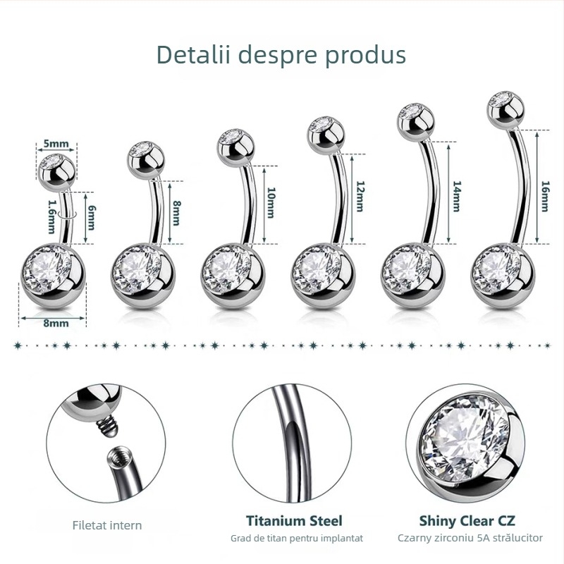 Piercing ombilical cu formă geometrică, aliaj de titan G23, zirconiu încrustat