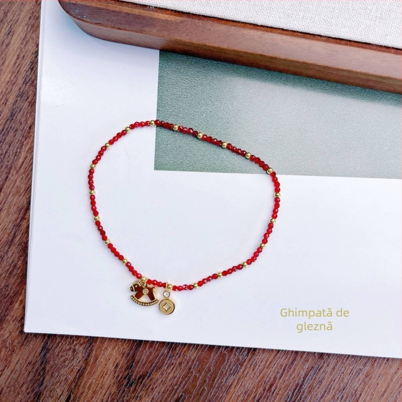 Brățară de gleznă din oțel titan cu monedă în formă de cal și cristal, placare 18k aur, stil simplu pentru femei, primăvara 2025