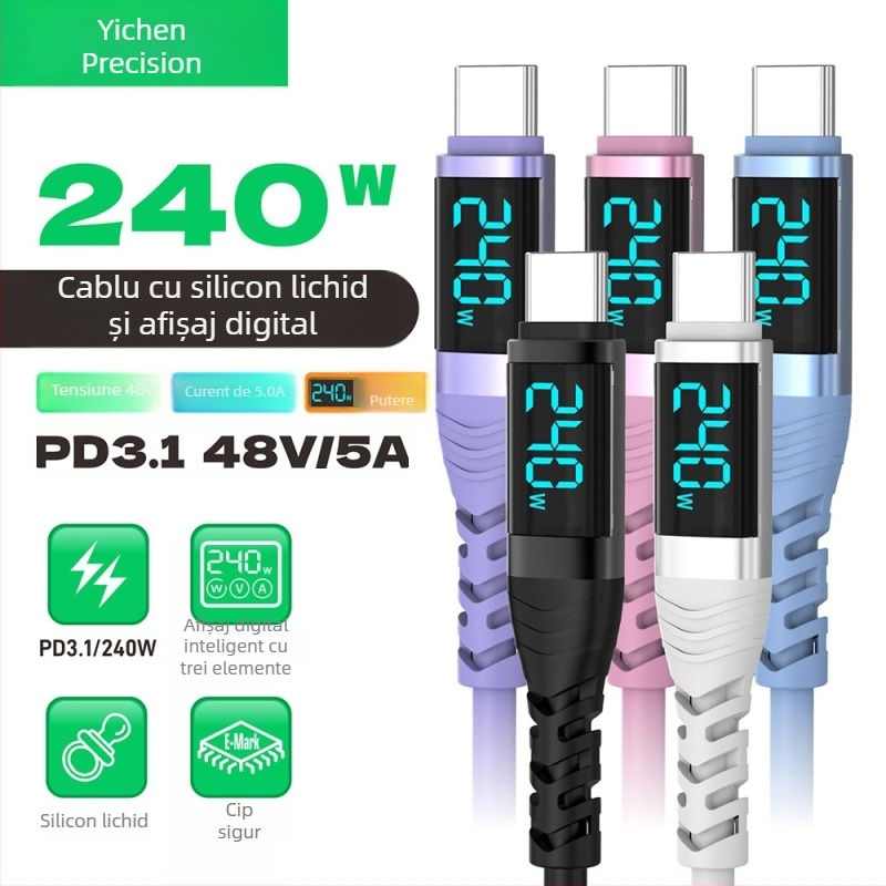 Yichen cablu de date Type-C încărcare rapidă 240W, lungime 1–2 m, 48V5A, 480 Mbps
