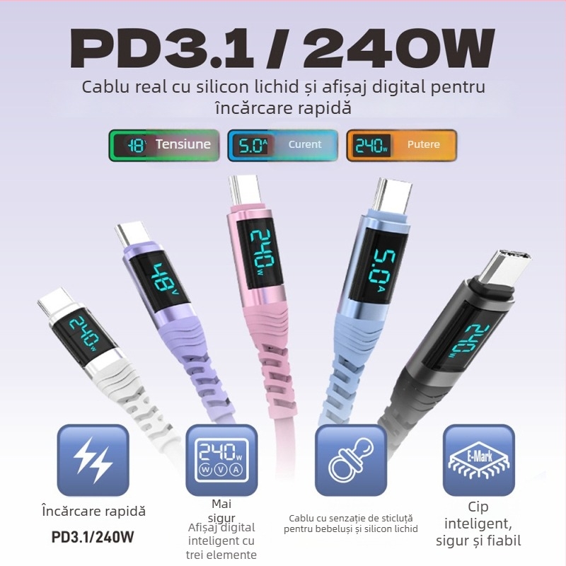 Yichen cablu de date Type-C încărcare rapidă 240W, lungime 1–2 m, 48V5A, 480 Mbps