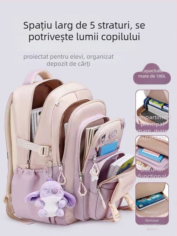 Ghiozdan pentru fetițe, capacitate mare, ultraușor, material Oxford, pentru clasele 3–4.