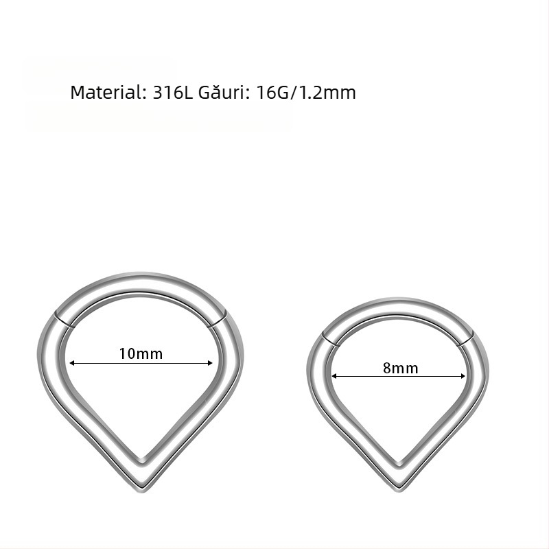 Inel nazal, formă picătură, oțel inoxidabil 316L, placare electrolitică, unisex