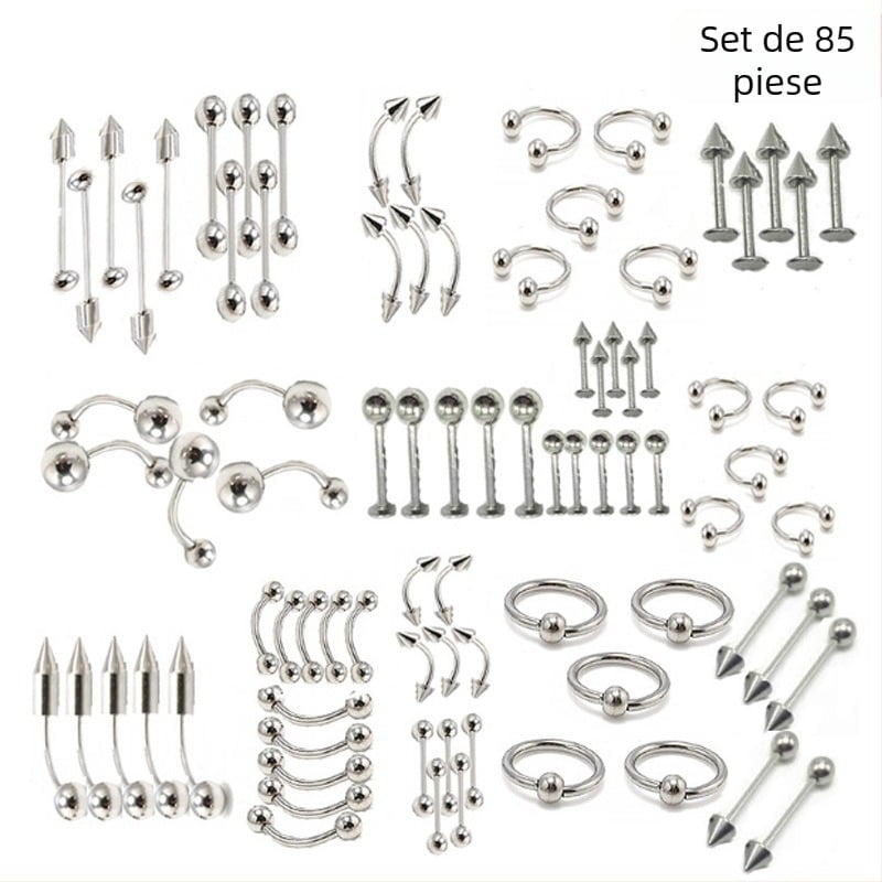 Set piercing nas — 85 piese, oțel inoxidabil, design geometric, unisex, ambalare individuală