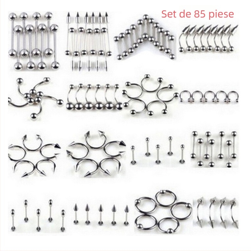Set piercing nas — 85 piese, oțel inoxidabil, design geometric, unisex, ambalare individuală