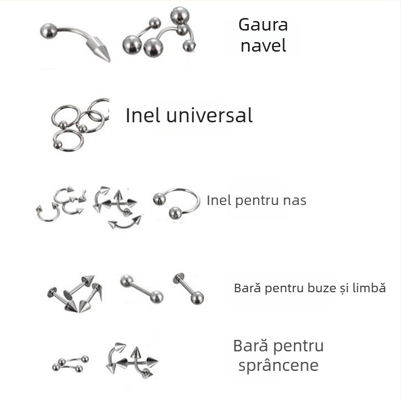 Set piercing nas — 85 piese, oțel inoxidabil, design geometric, unisex, ambalare individuală