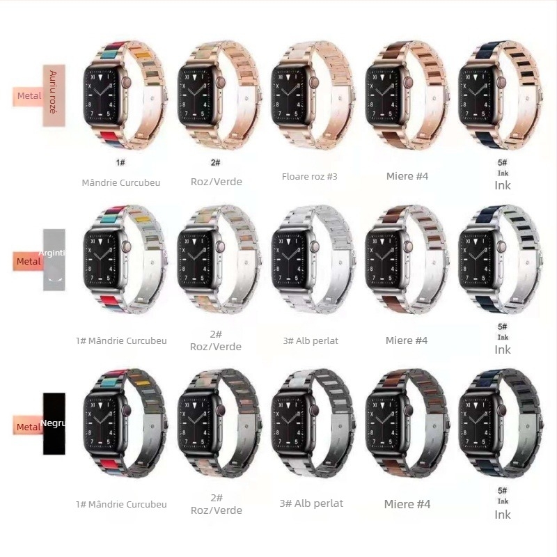 Curea Apple Watch – curea metalică cu accent din rășină, cataramă plată cu trei mărgele, închidere pliabilă, compatibilă cu Apple Watch Ultra/SE