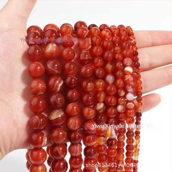 Perle de agat cu dungi roșii, rotunde, înfășurate în mătase, componente DIY bijuterii (material: agat; model: dungi; procesare: optimizarea culorii; stil: de lux, rotund)
