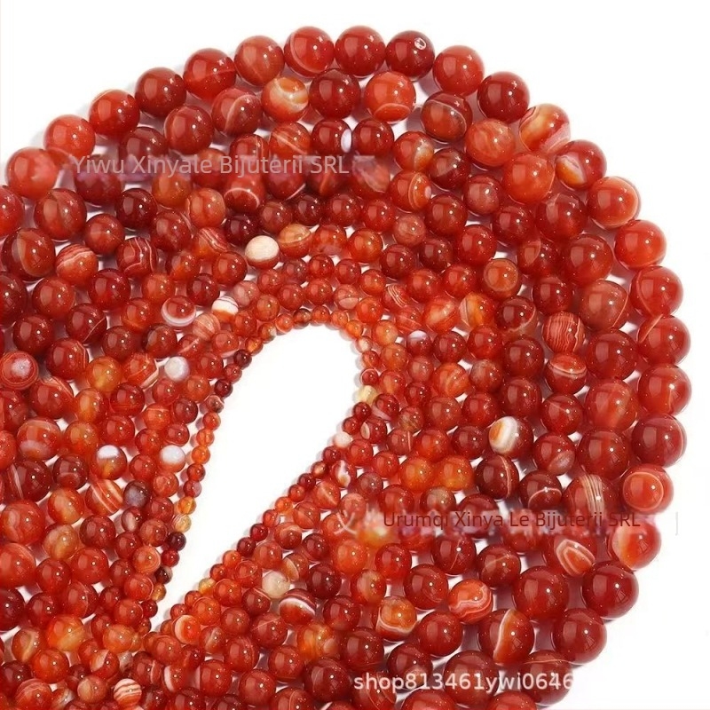 Perle de agat cu dungi roșii, rotunde, înfășurate în mătase, componente DIY bijuterii (material: agat; model: dungi; procesare: optimizarea culorii; stil: de lux, rotund)