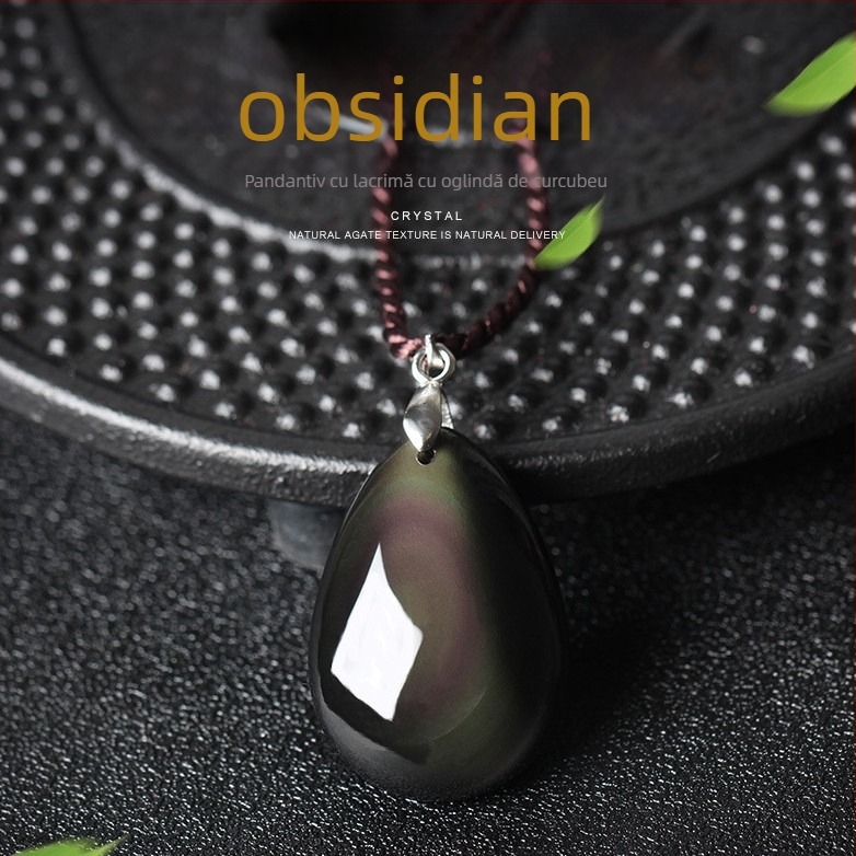 Colier cu cristal de obsidian, pandantiv în formă de picătură, stil desene animate, primăvara 2025