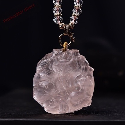 Colier Su Wu Jewelry cu cuarț roz – pandantiv în formă de animale/zodii, cristal lustruit, stil drăguț