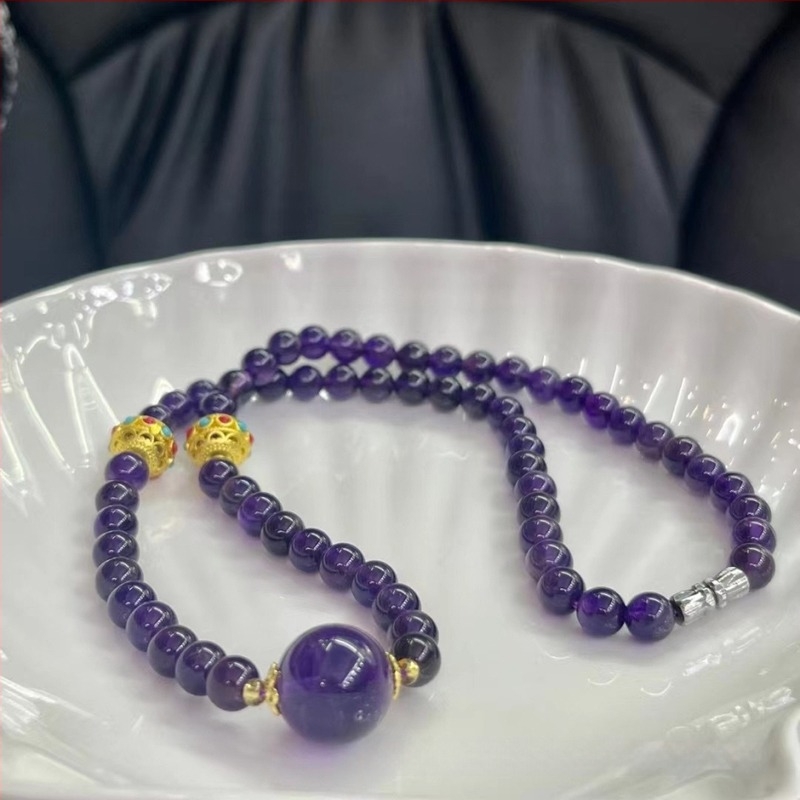 Colier cu cristal de ametist, mărgele de 12 mm, accesorii placate cu argint-auriu, stil lux lejer
