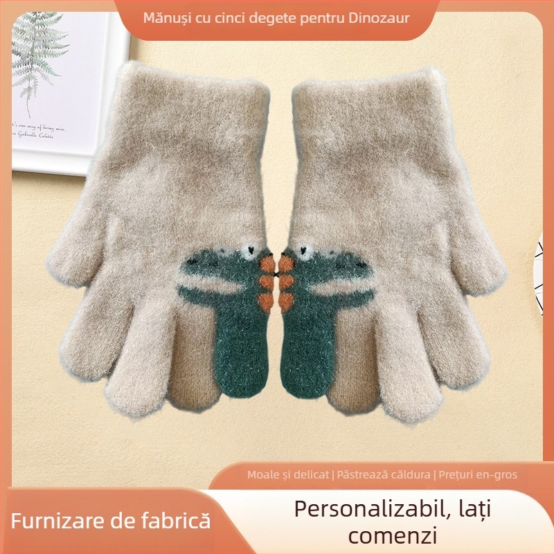 Mănuși pentru copii cu degete separate, design cu dinozaur, fibră acrilică, iarnă, unisex.