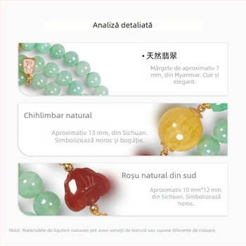 Brățară din jadeit natural A-clasă, mărgele rotunde, stil chinezesc, placare S925 cu aur real 18K