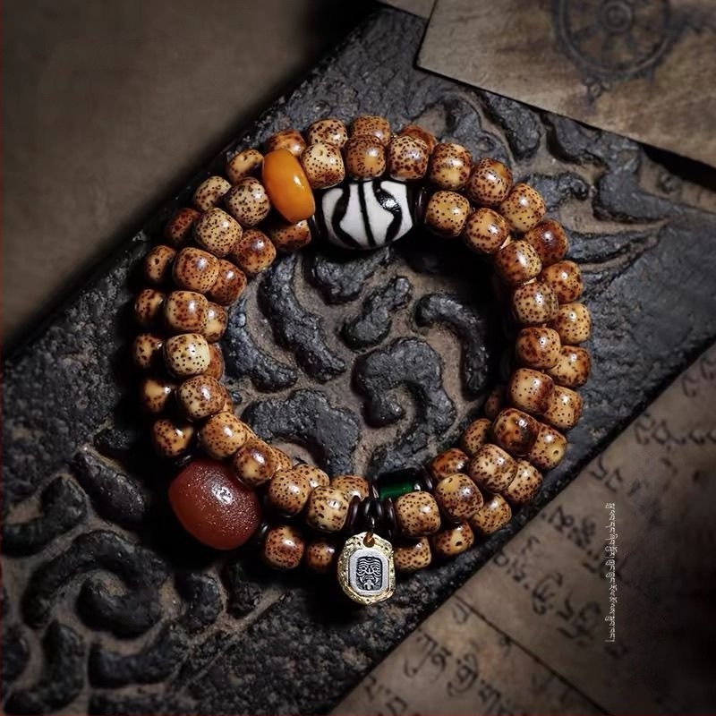 Brățară Bodhi cu semințe pentru bărbați, design multistrat cu jad, mărgele Dzi și agate vechi, stil etnic