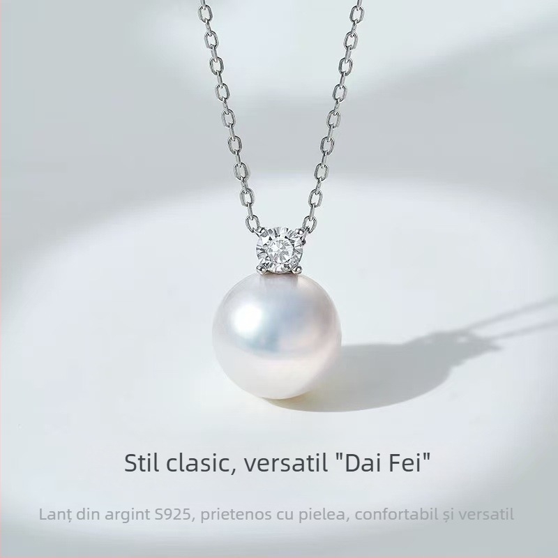 Colier cu pandantiv din perlă din argint 925, stil Prințesa Diana, lanț încrucișat, design geometric simplu