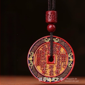 Pandantiv rotund din cinnabar pictat, cu un duh de munte, unisex, Anul Dragonului, stil taoist