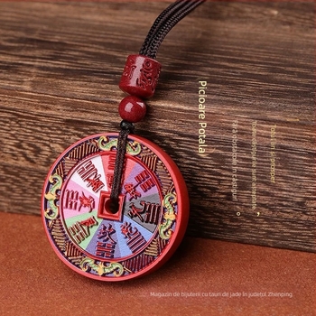 Pandantiv rotund din cinnabar pictat, cu un duh de munte, unisex, Anul Dragonului, stil taoist
