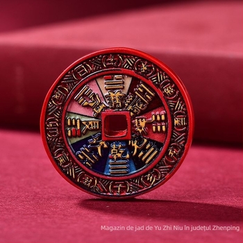 Pandantiv rotund din cinnabar pictat, cu un duh de munte, unisex, Anul Dragonului, stil taoist