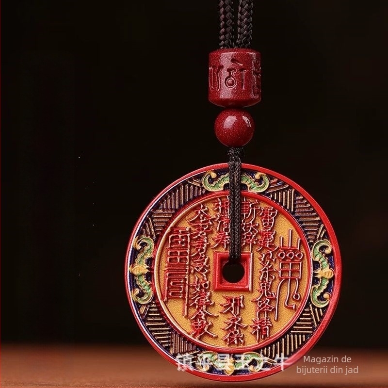 Pandantiv rotund din cinnabar pictat, cu un duh de munte, unisex, Anul Dragonului, stil taoist