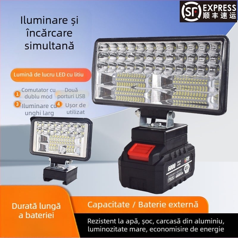 Lampă de lucru LED alimentată cu baterie litiu – universală, 100W, 12–80V, 5000K, viață LED 5000h, carcasă din aluminiu + plastic
