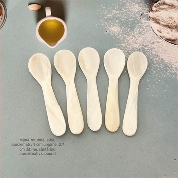 Set tacâmuri din scoică — lucrat manual, gravat și lustruit, material natural; include cuțit, furculiță și lingură de desert