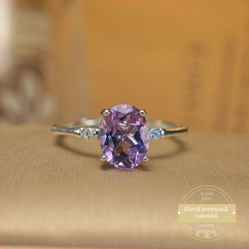 Inel cu ametist în argint sterling, design geometric simplu pentru femei, setat cu pietre prețioase