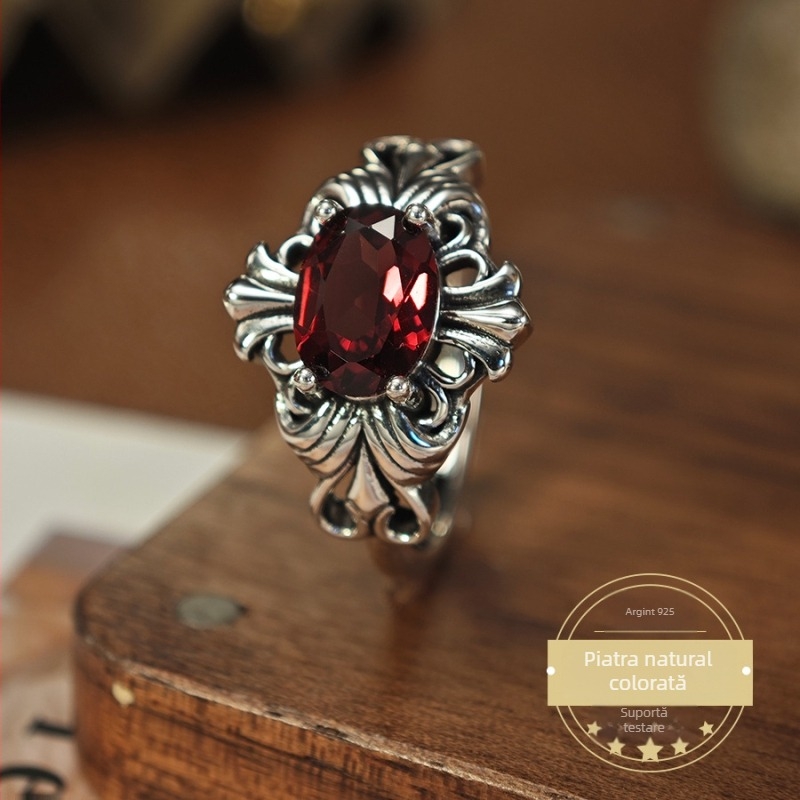Inel cu granat în argint sterlin, design geometric feminin, montură cu pietre