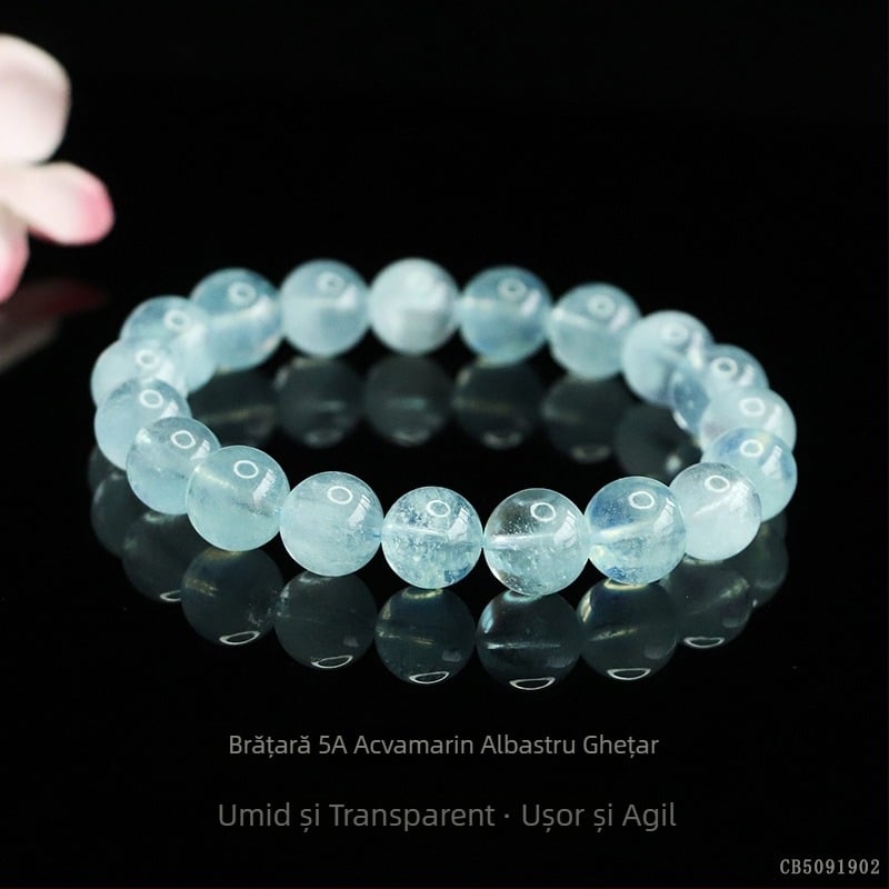 Brățară naturală din acvamarin 5A, albastru glaciar, design circular