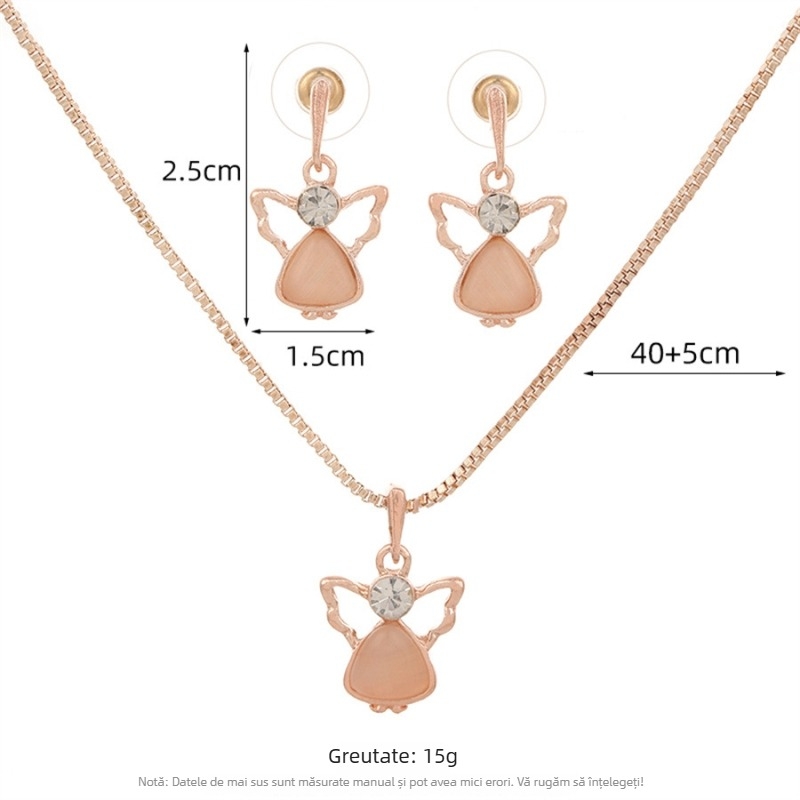 Set de bijuterii (colier și cercei) în stil european și american, cu piatră ochi de pisică, cristale, aripi de înger și model floral vegetal; aliaj, finisaj diamant, lanț box.