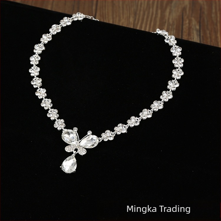 Set de bijuterii pentru mireasă: cercei și colier, stil coreean, metal, lanț bambus, piatră rhinestone