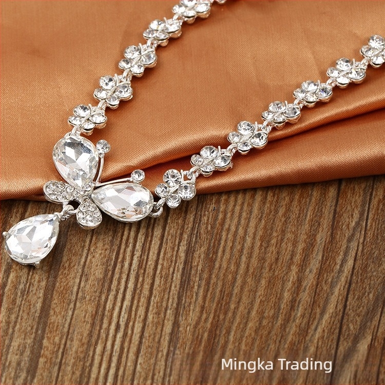 Set de bijuterii pentru mireasă: cercei și colier, stil coreean, metal, lanț bambus, piatră rhinestone