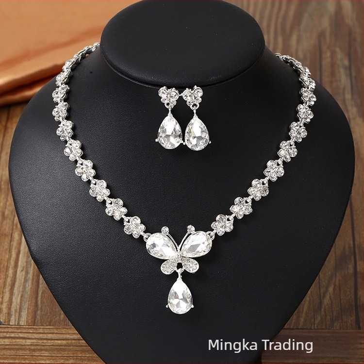 Set de bijuterii pentru mireasă: cercei și colier, stil coreean, metal, lanț bambus, piatră rhinestone