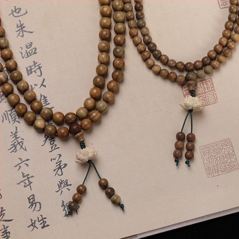 Brățară budistă cu 108 mărgele din lemn de santal, lotus, naturală, unisex