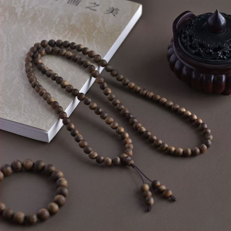 Brățară din Agarwood, design simplu, unisex; mărgele rotunde, 108 bucăți, finisaj lustruit.