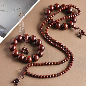 Brățară din lemn de santal roșu cu frunze mici, 108 mărgele, lustruită, design geometric, inserții placate cu aur