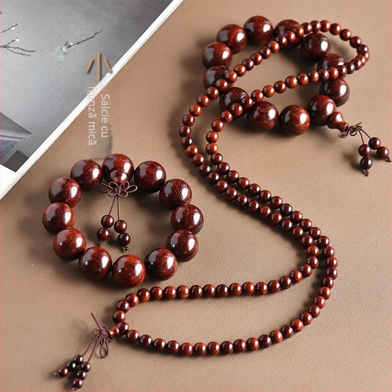 Brățară din lemn de santal roșu cu frunze mici, 108 mărgele, lustruită, design geometric, inserții placate cu aur