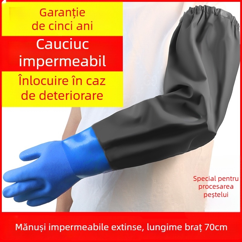 Mănuși impermeabile, lungi, din cauciuc, căptușite cu fleece, groase și rezistente pentru pescuit și muncă grea, 70 cm lungime