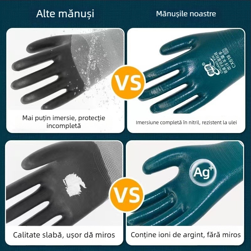 Mănuși de lucru cu acoperire nitril, rezistente la uzură, impermeabile, rezistente la ulei, cu acoperire completă din cauciuc